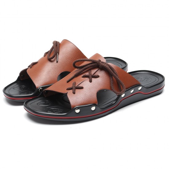 Men Pure Color Leather Slip Resistant Soft Sole Casual Beach Slippers