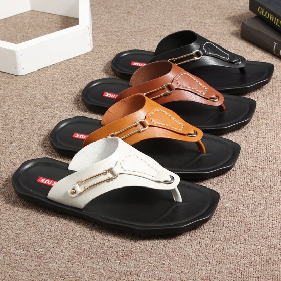 Men Leather Slip Resistant Metal Buckle Soft Casual Beach Slippers