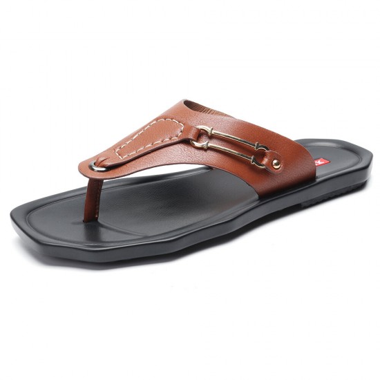 Men Leather Slip Resistant Metal Buckle Soft Casual Beach Slippers