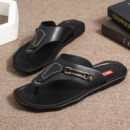 Men Leather Slip Resistant Metal Buckle Soft Casual Beach Slippers