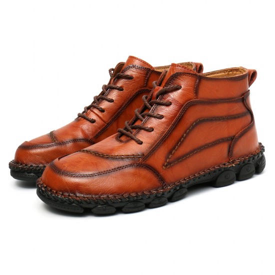 Men Cow Leather Non Slip Hand Stitching Casual Outdoor Boots