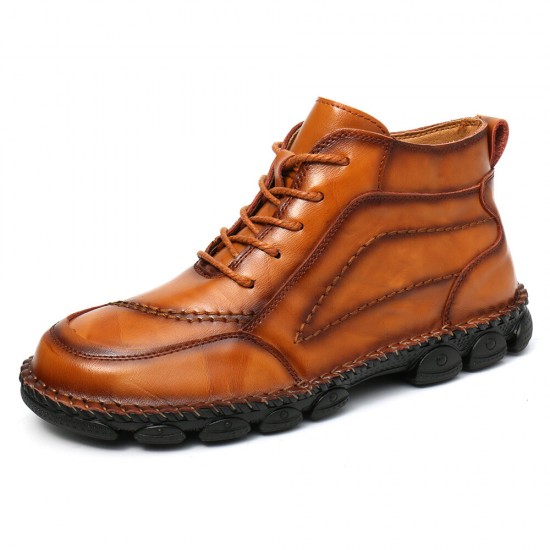 Men Cow Leather Non Slip Hand Stitching Casual Outdoor Boots