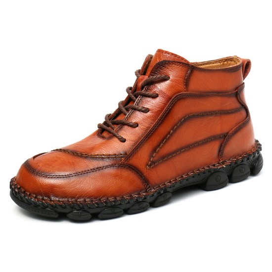 Men Cow Leather Non Slip Hand Stitching Casual Outdoor Boots