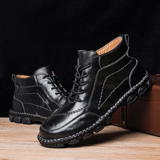 Men Cow Leather Non Slip Hand Stitching Casual Outdoor Boots