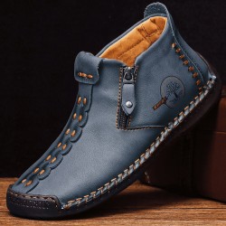 Men Hand Stitching Leather Non Slip Side Zipper Casual Boots