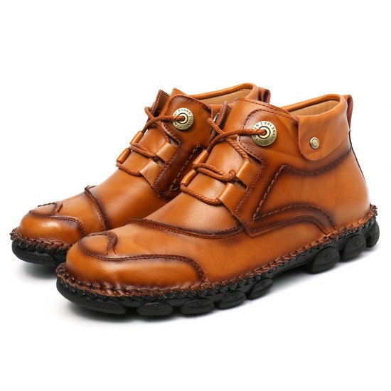 Men Cow Leather Hand Stitching Non Slip Soft Sole Casual Ankle Boots