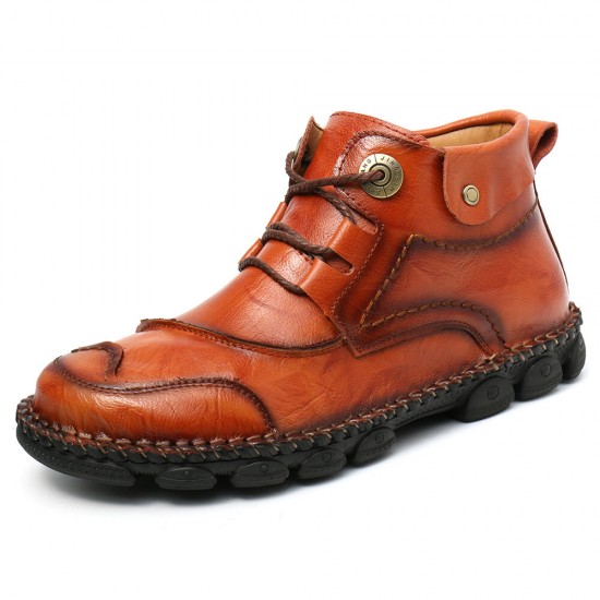 Men Cow Leather Hand Stitching Non Slip Soft Sole Casual Ankle Boots