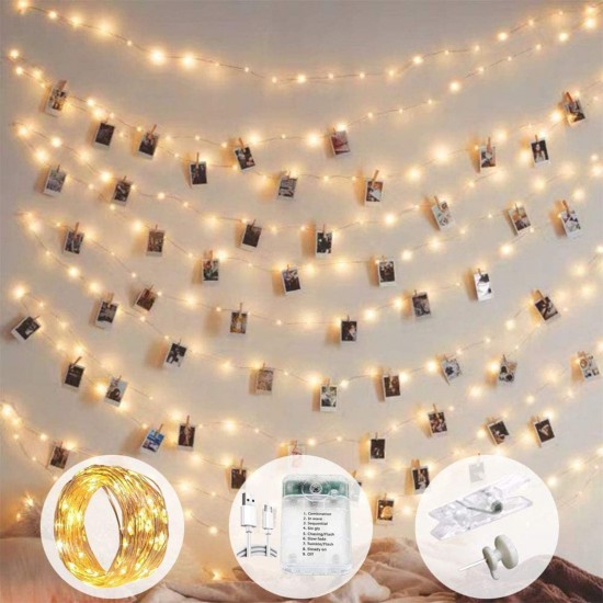 10M 100 Lamp Beads 8 Modes Warm White Fairy String Light Photo Clip Hanging Pictures Cards Memos Artwork