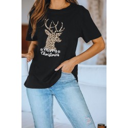 Black Christmas Leopard Elk Letter Tee