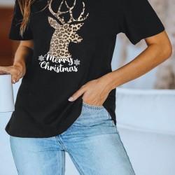 Black Christmas Leopard Elk Letter Tee