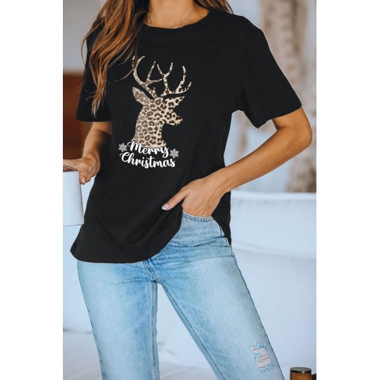 Black Christmas Leopard Elk Letter Tee