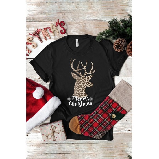 Black Christmas Leopard Elk Letter Tee