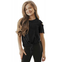 Black Cut Out Shoulder Tie Front Tee