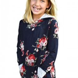 Navy Floral Hooded Girl's Sweatshirt