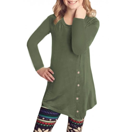 Green Little Girl Long Sleeve Button Tunic