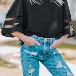 Black Girl's 3/4 Bell Sleeve Mesh Panel Blouse