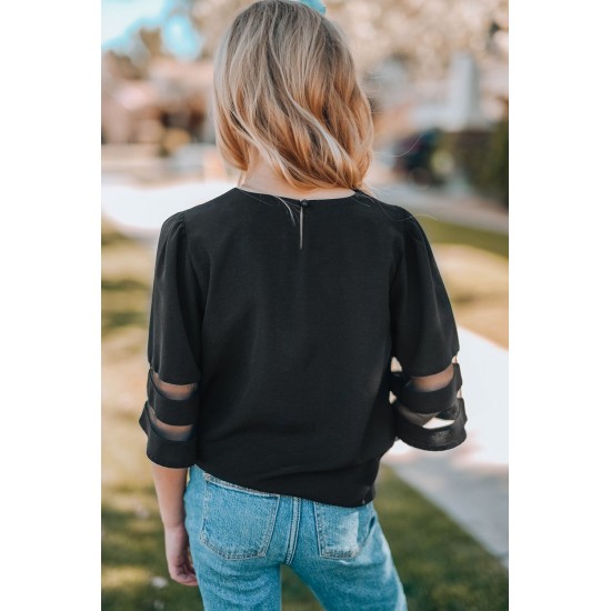 Black Girl's 3/4 Bell Sleeve Mesh Panel Blouse