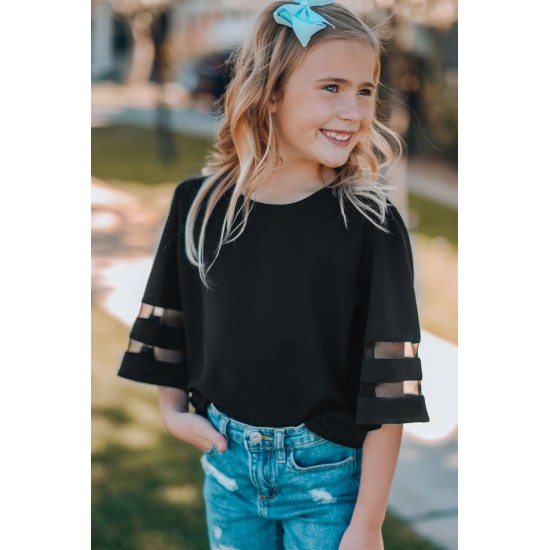 Black Girl's 3/4 Bell Sleeve Mesh Panel Blouse