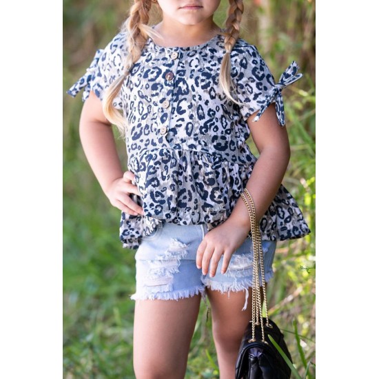 Leopard Tied Sleeves Ruffled Hem Little Girl Top