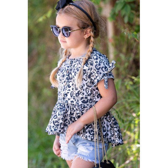 Leopard Tied Sleeves Ruffled Hem Little Girl Top