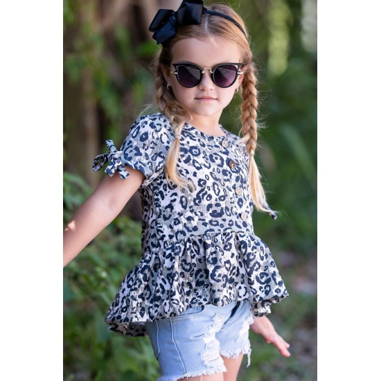 Leopard Tied Sleeves Ruffled Hem Little Girl Top