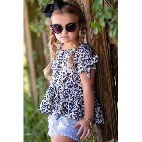 Leopard Tied Sleeves Ruffled Hem Little Girl Top