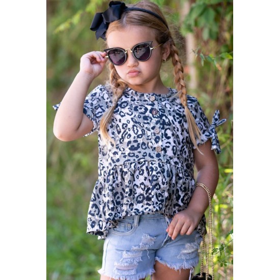 Leopard Tied Sleeves Ruffled Hem Little Girl Top