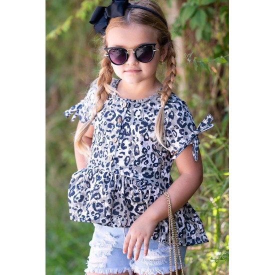 Leopard Tied Sleeves Ruffled Hem Little Girl Top