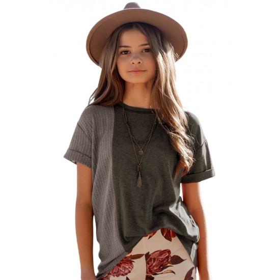 Gray Girls Mix Waffle Textured Short Sleeve Top