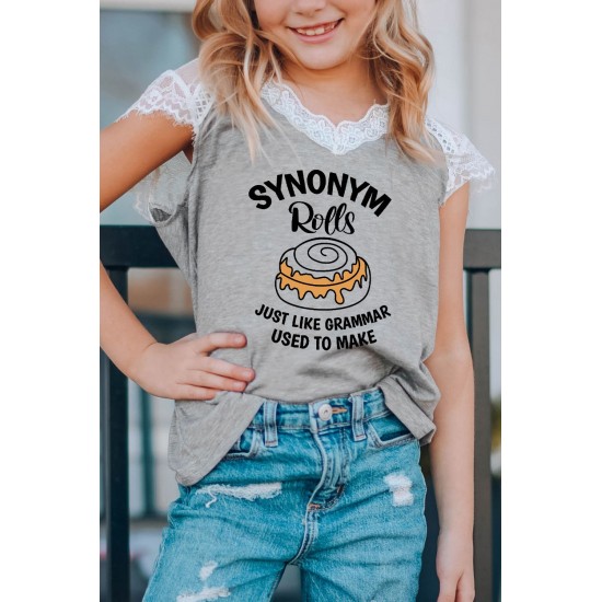 Gray Synonym Rolls Funny Graphic Lace Spliced Girls Top