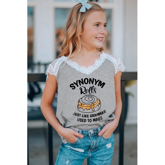 Gray Synonym Rolls Funny Graphic Lace Spliced Girls Top