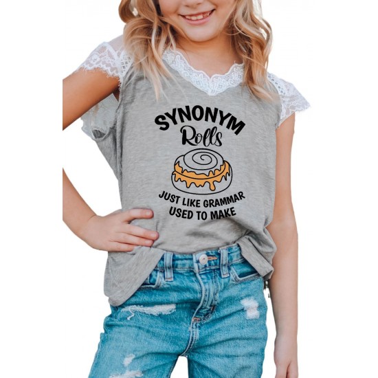 Gray Synonym Rolls Funny Graphic Lace Spliced Girls Top