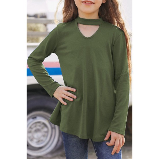 Green Choker Hollow-out Front Little Girl Kids' Long Sleeves Top