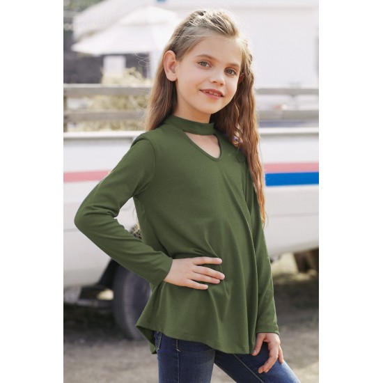 Green Choker Hollow-out Front Little Girl Kids' Long Sleeves Top