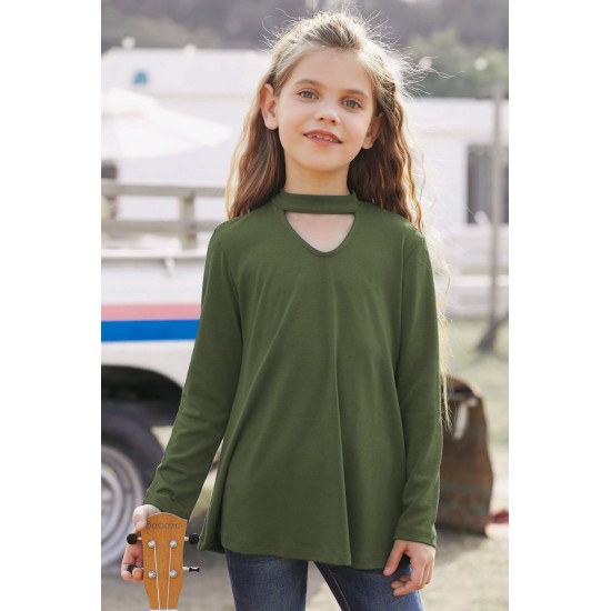 Green Choker Hollow-out Front Little Girl Kids' Long Sleeves Top