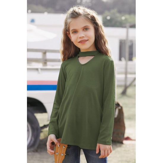 Green Choker Hollow-out Front Little Girl Kids' Long Sleeves Top