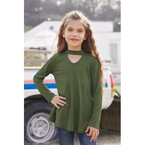 Green Choker Hollow-out Front Little Girl Kids' Long Sleeves Top