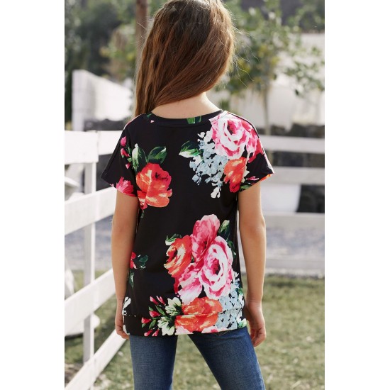 Black Blooming Floral Little Girls’ T-shirt