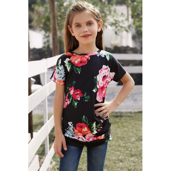 Black Blooming Floral Little Girls’ T-shirt