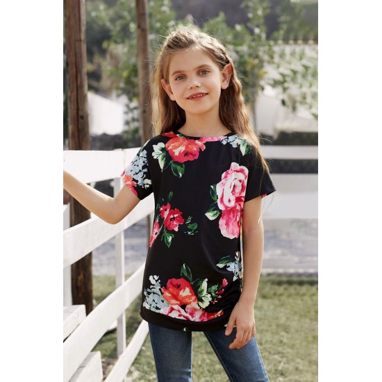 Black Blooming Floral Little Girls’ T-shirt