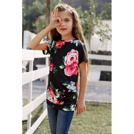 Black Blooming Floral Little Girls’ T-shirt