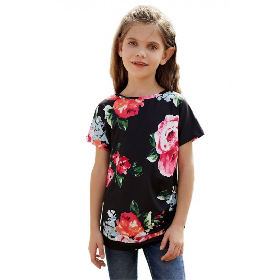 Black Blooming Floral Little Girls’ T-shirt