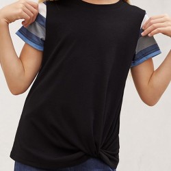 Black Girls' Striped Sleeves Tee