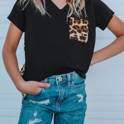 Black V Neck Leopard Splicing Kid Tee