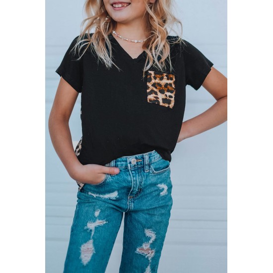 Black V Neck Leopard Splicing Kid Tee