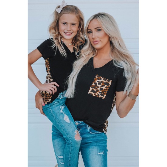 Black V Neck Leopard Splicing Kid Tee