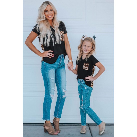 Black V Neck Leopard Splicing Kid Tee