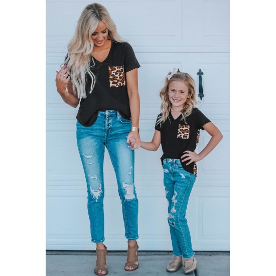 Black V Neck Leopard Splicing Kid Tee