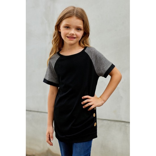 Black Raglan Sleeve Kid Tee with Side Buttons