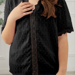 Black Swiss Dot Lace Short Sleeve Girls Top